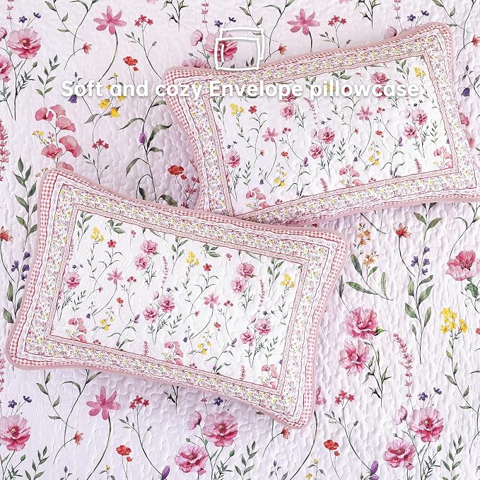 WONGS BEDDING Floral Quilt Set Queen, Microfiber Lightweight Farmhouse Bed - Image 6