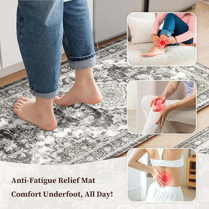 Boho Kitchen Mats for Floor 2 Piece Set Anti Fatigue Cushioned PVC Kitchen Rugs Non Slip Waterproof Farmhouse Mats 2/5 Inch Comfort Standing Mat for Sink, Laundry, Office, 17.3"x47"+17.3"x28", Grey