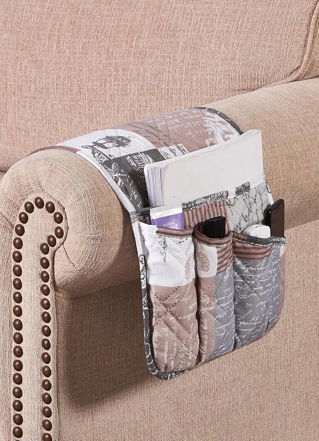Brilliant Sunshine Latte Grey Toile Couch Armrest Cover, Armrest Organizer & - Image 3