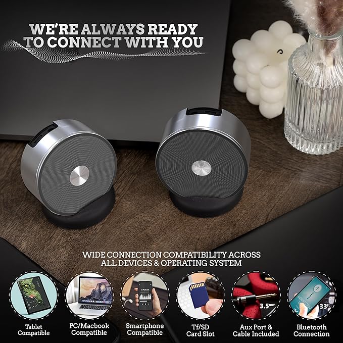 Dual Bluetooth Speakers - Built In Mic For Phone Calls - Multiple Pairing Bluetooth Speakers Set of 2 - Wireless Computer Speaker - TF SD Card Birthday Graduation Gift Idea For Boys Girls Silver