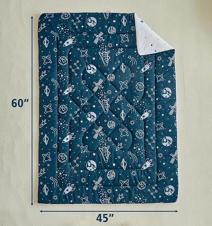 4 Pieces Toddler Bedding Set for Boy,Space Toddler Bed Comforter Set,Soft and Breathable Microfiber Crib Sheet Set,Includes Quilted Comforter, Flat Top Sheet, Fitted Sheet, Envelope Pillow Case -Blue