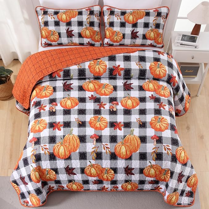 Anibedding Fall Patchwork Quilt King Size, Soft Pumpkins Maple Leaves Themed - Image 4
