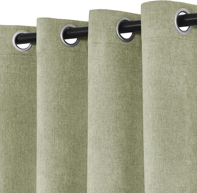 Macochico 100% Blackout Chenille Curtains for Sliding Door Thermal Insulated Noise Reducing Drapery for Living Room Bedroom Hotel, Grommet Curtains with Tieback, Green Tint, 120" Wx96 L 1 Panel