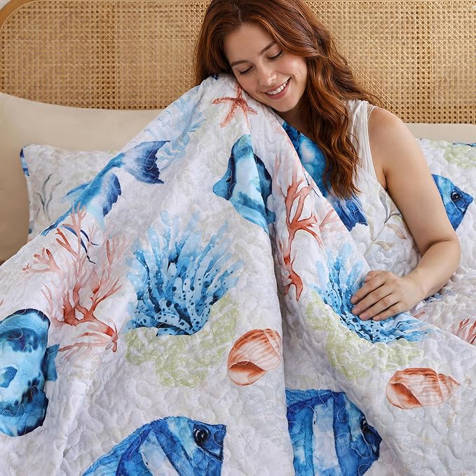 weigelia Coastal Quilt Bedding Set Queen Size, Nautical Summer Bedspread | - Image 5