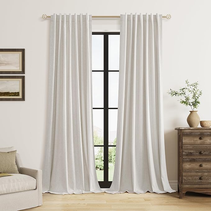 100% Black Out Light Beige Linen Curtains 90 Inch Long by Guken