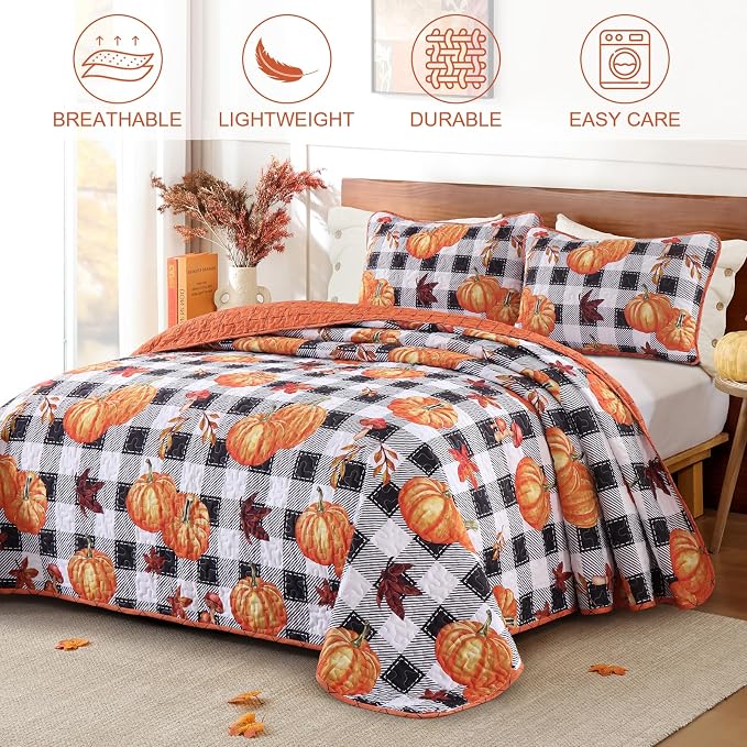 Anibedding Fall Patchwork Quilt King Size, Soft Pumpkins Maple Leaves Themed - Image 3