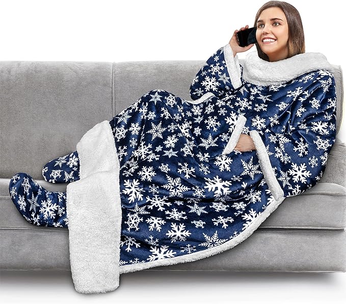 PAVILIA Sherpa Blanket with Sleeves, Foot Pocket for Women Men Adults, Thick Wearable Blanket Throw Wrap, Fleece Warm Snuggle Blanket Robe, Cozy Gift Ideas Wife Mom, Snowflake Blue