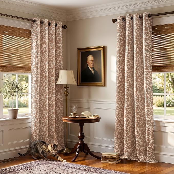 jinchan Taupe Floral Blackout Curtians 96 Inch Vintage Grommet 2 Panels | Room - Image 8