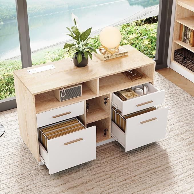 4 Drawer File Cabinet, Wood Filing Cabinet for Home Office with Lock, Power Strip, Storage Shelves, Home Office Lateral File Storage Fits Legal/Letter Size, Light Walnut