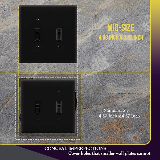 ENERLITES Mid-Size Toggle Light Switch Wall Plate, Midway Size 2-Gang 4.88" x 4.92", Unbreakable Polycarbonate Thermoplastic, UL Listed, 8812M-BK-5PCS, Black (5 Pack)
