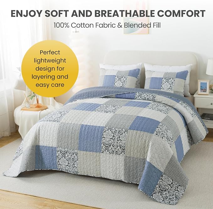 SLPR - Sweet Dreams Blue Patchwork Cotton Quilt Set, Twin - Image 3