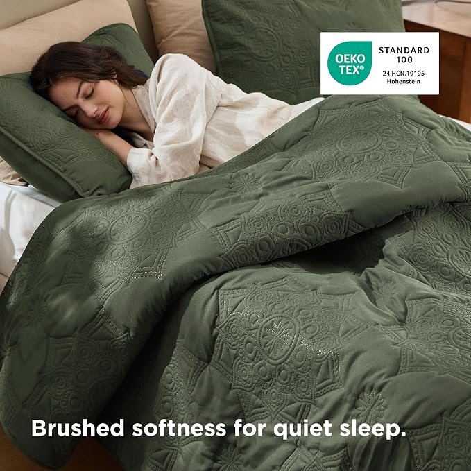 Bedsure King Size Quilt Bedspread, Thin Comforter, Olive Green Coverlet | - Image 2