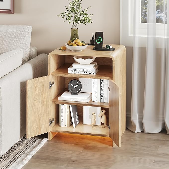 Nightstand with Charging Station and LED Lights, Night Stands with Adjustable Storage Cabinet, Modern Side Table with Fluted Doors and Open Storage, Bedside Table for Bedroom, Natural