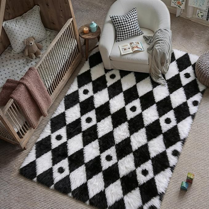 Checkered Rug 4x6 for Kids Room Black and White Soft Shag Rugs | Machine by PureCozy