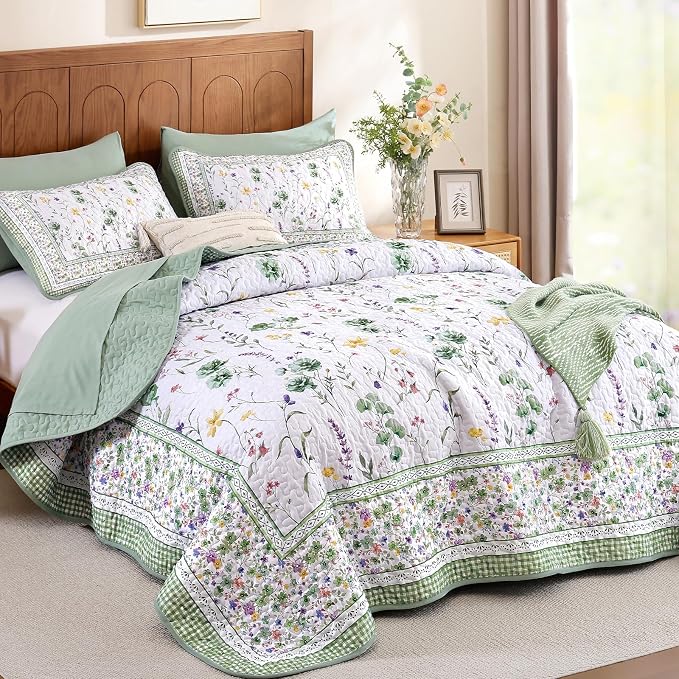 WONGS BEDDING Floral Quilt Set Queen，3 Pcs Green Bedspreads Coverlet Set | - Image 2
