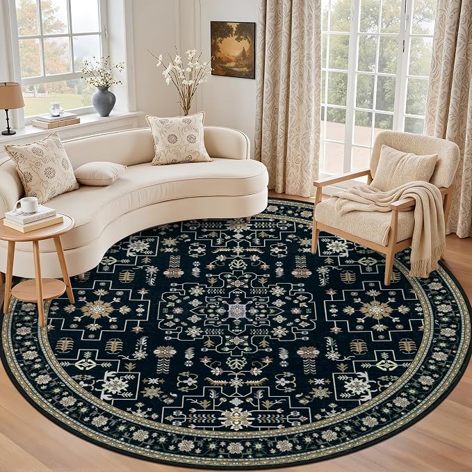 Round Area Rug for Living Room: 8ft Washable Rug for Bedroom Black | Vintage by EXPEDIX