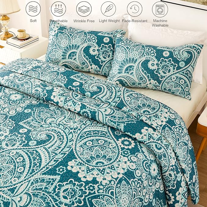 Whale Flotilla California King Size Quilt Set, Soft Boho Paisley Bedspreads | - Image 3