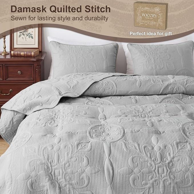 Light Grey Damask Quilt Queen Size Bedding Sets - Image 4