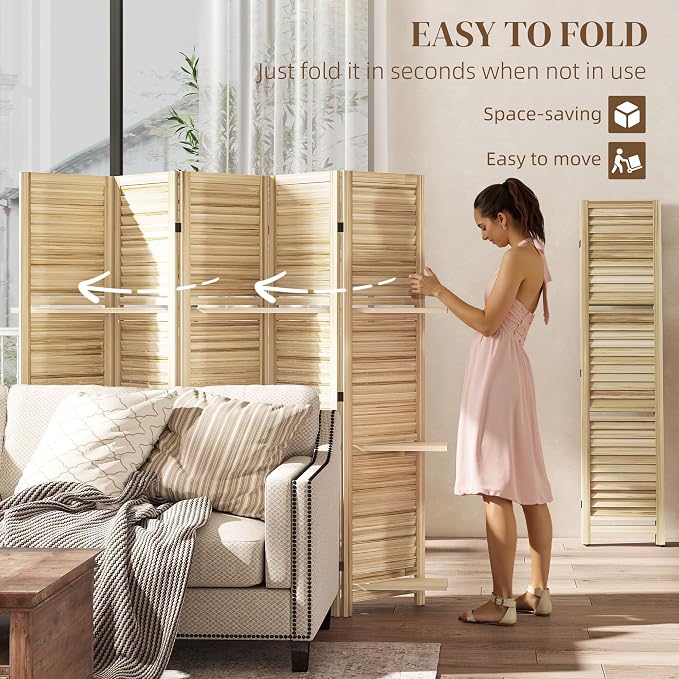 HOMCOM Room Divider with Shelves, 5 Panel, Natural Wood | Wood Privacy Screen - Image 4