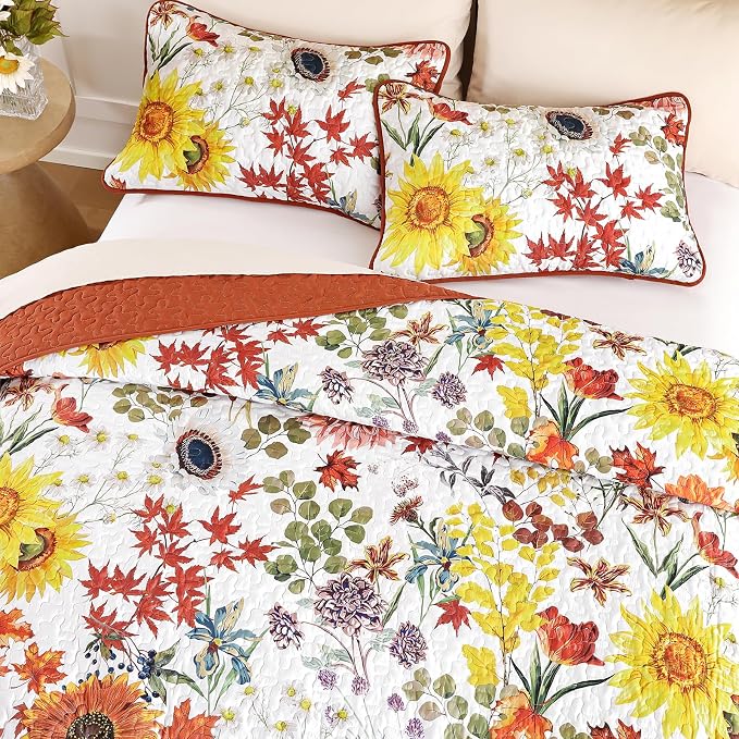 Yiran Fall Floral Quilt Set King Size, Microfiber Coverlet - Image 3