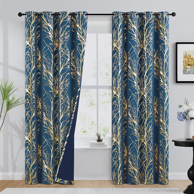 FMFUNCTEX 100% Blackout Navy Gold Foil Tree Curtains 96 Inch Long 2 Panels | - Image 2