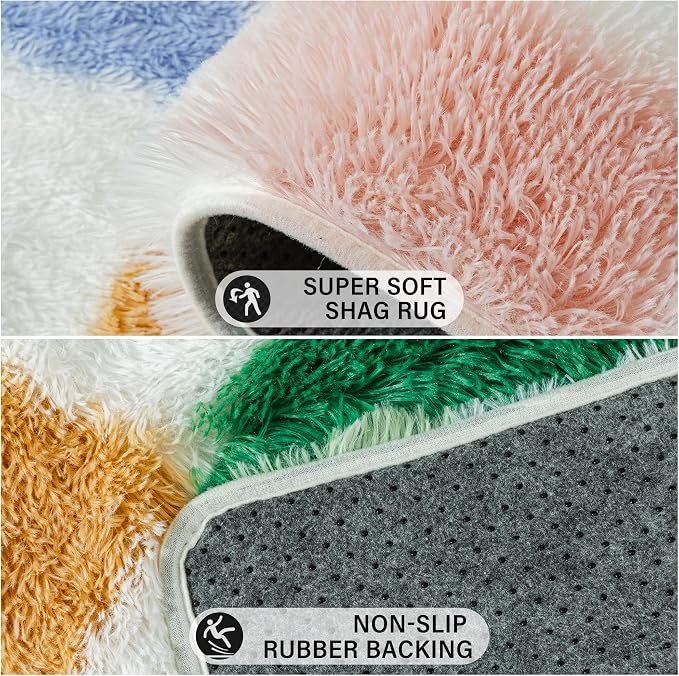Colorful Area Rug 7x10 for Living Room Soft Checkered Shag Carpet | Machine - Image 6