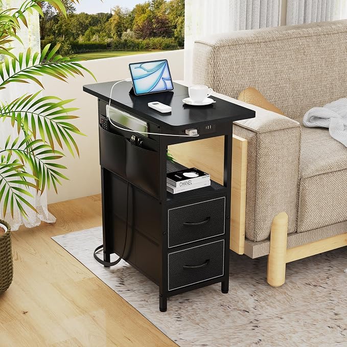 Yenlure Small Side Table with Charging Station, Narrow Nightstand Bedside - Image 7