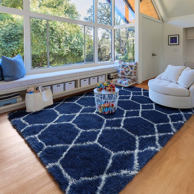 Geometric Area Rugs 5x8 for Living Room, Fluffy Moroccan Navy and White Rug for - Image 8