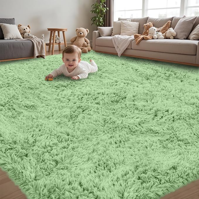 8x10 Area Rug for Living Room, Light Green Fluffy Shag Non-Slip Bedroom Rugs | by Unknown