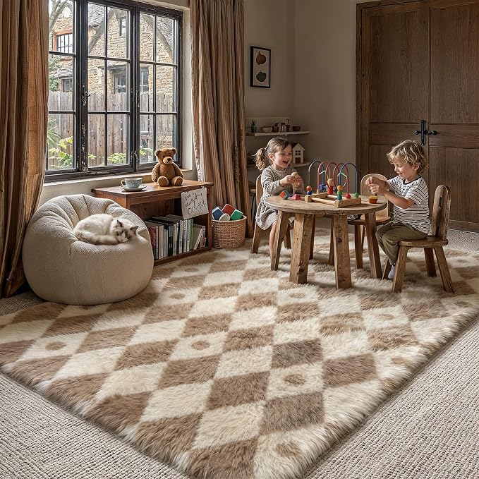 Brown 5x7 Area Rug for Living Room Soft Checkered Shag Carpet | Machine Washable - Image 3