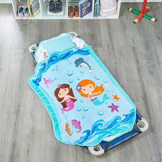 EVERYDAY KIDS Cute Preschooler and Toddler Cot Nap Mat for Home, Daycare, Preschool and Kindergarten; Easy to Roll Sleeping Mat with Elastic Straps, Pillow and Blanket