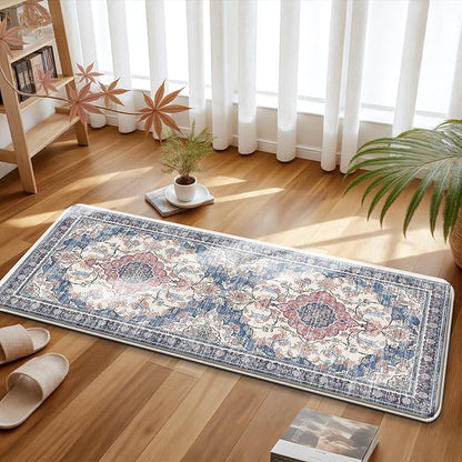 Boho Kitchen Mats for Floor 2 Piece Set Anti Fatigue Cushioned PVC Kitchen Rugs Non Slip Waterproof Farmhouse Mats 2/5 Inch Comfort Standing Mat for Sink, Laundry, 17.3"x47"+17.3"x28", Retro Blue