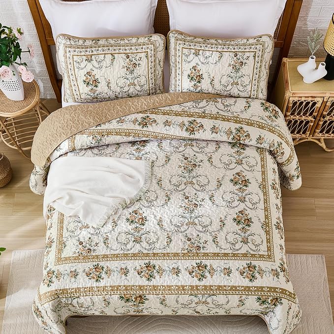 Anibedding Floral Quilt Set Queen, Retro Brown Flower Quilts 3PCs Bedspread | - Image 3