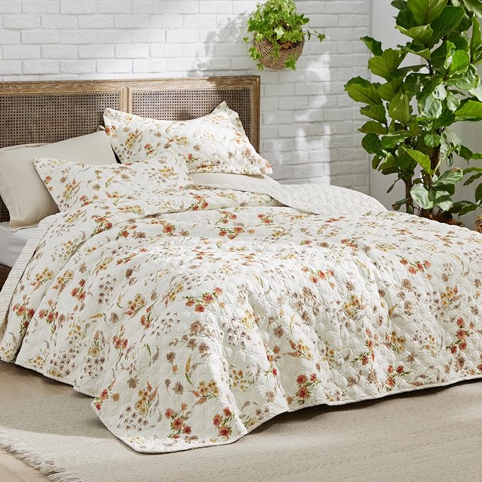 Bedsure Fall Quilts Queen Size, Reversible Botanical Floral Comforter Beige | - Image 2