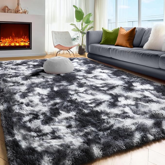 Black White Grey Rugs for Living Room 5x8, Shag Fuzzy Fluffy Rectangular Rugs - Image 3