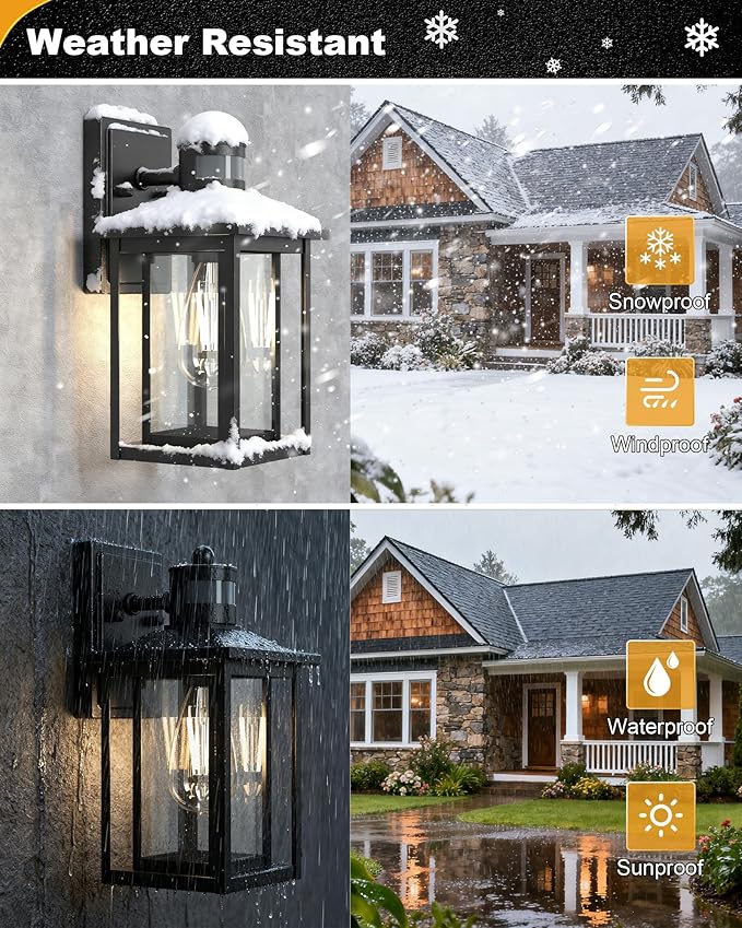 LTBLIGHT 2-Pack Motion Sensor Outdoor Lights, Modern Black Dusk to Dawn Porch Light Lanterns with 4 Modes, Waterproof Exterior Lighting for House, Patio, Garage, Front Door, 120V