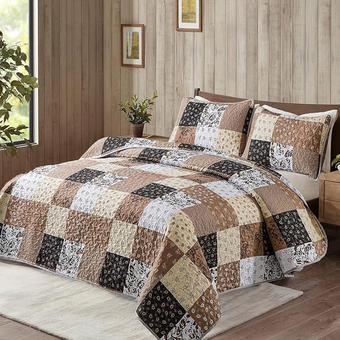 Mybedsoul Brown Quilt Set Twin Size Dorm Bedding, 2 Pieces Plaid Floral - Image 2