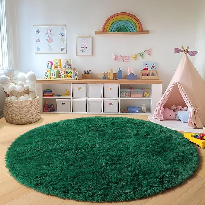Dark Green Round Area Rugs 5ft, Fluffy Soft Bedroom Circle Rug - Image 5