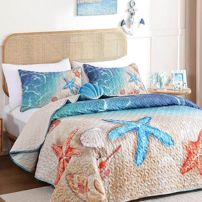 weigelia Coastal Quilt King Size, Beach Lightweight Summer Bedding | Starfish - Image 3