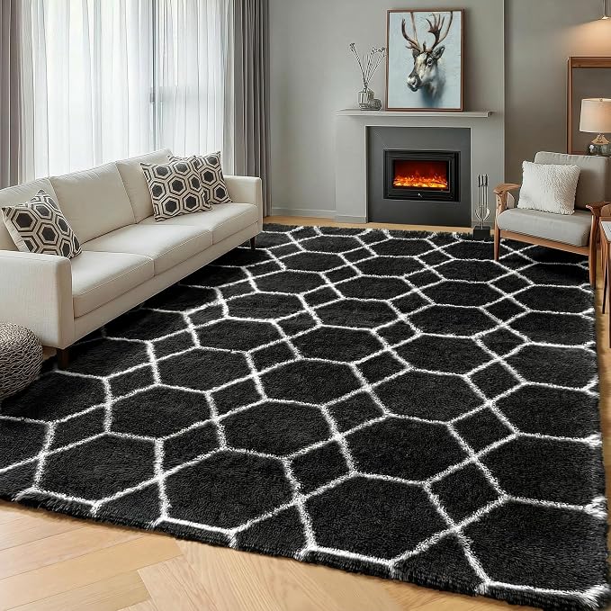 6x9 Area Rugs for Living Room Bedroom, Large Fluffy Black and White Throw Rug - Image 5