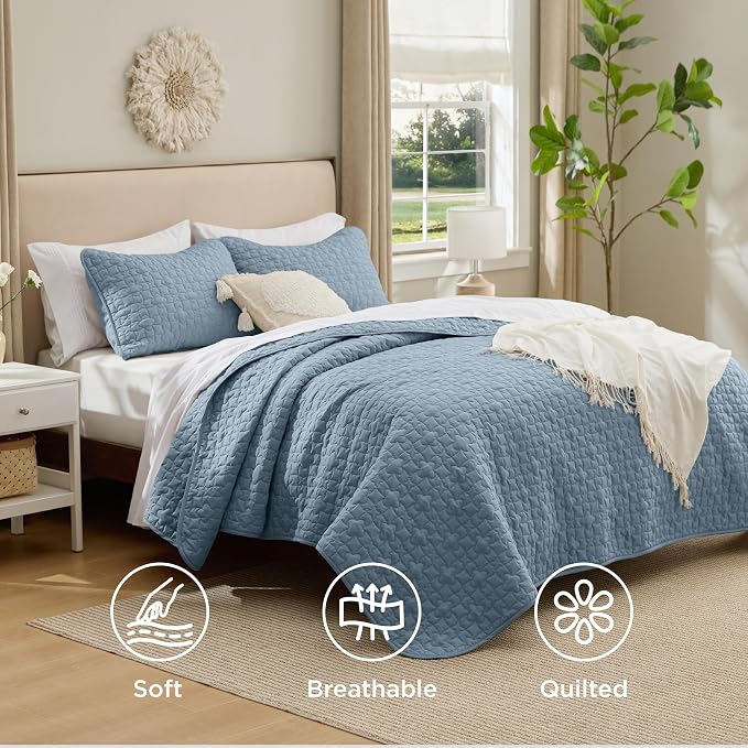 Bedsure Quilts Queen Size, Lucky Star Quilting Comforter Set Dusty Blue | - Image 2