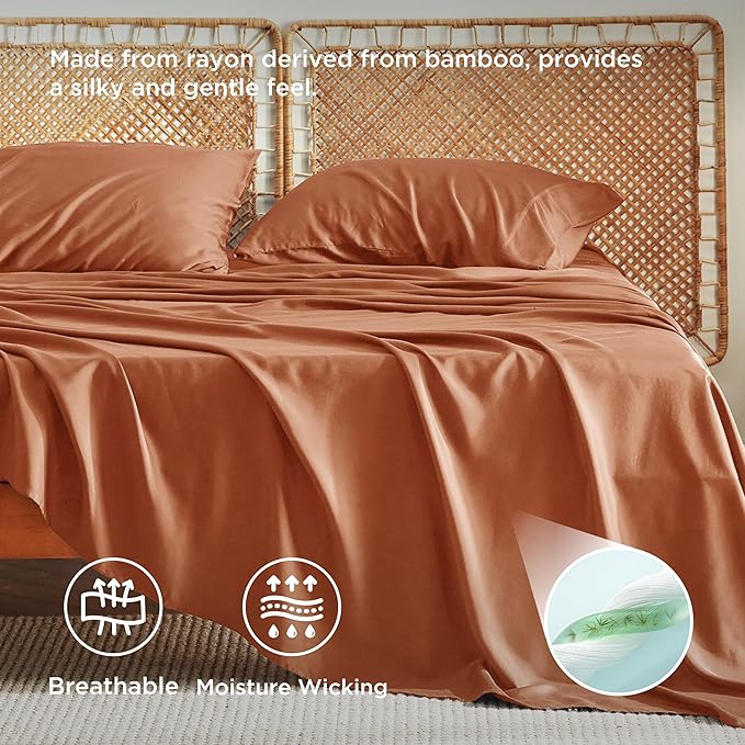Bedsure Full Size Bed Sheets, Cooling Sheets, Rayon Derived from Bamboo, Breathable & Soft, Deep Pocket Up to 16 Inches, Hotel Luxury Silky Bedding for Hot Sleepers, Burnt Orange