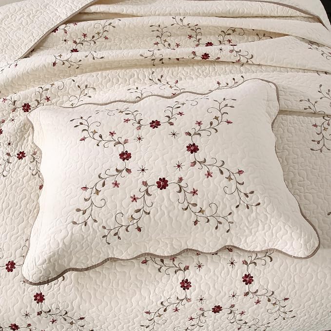 Quilt Set Full Floral Leaves 3D Embroidery Pattern 3-Piece Cotton Blend | - Image 5