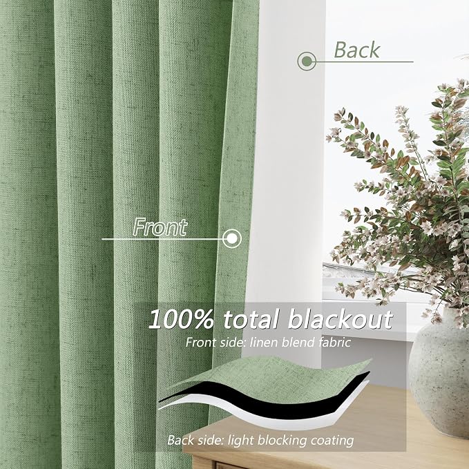Light Sage 100% Blackout Linen Curtains 108 Inch Length 2 Panels Set - Image 4