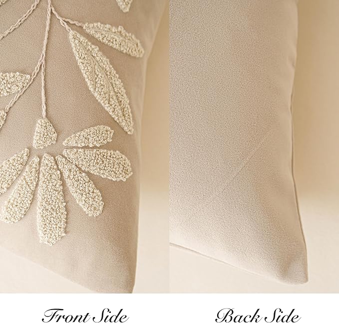 BlissBlush Light Beige Velvet Decorative Throw Pillow Cover 20X20, Neutral Floral Tufted Soft Farmhouse Textured Pillowcase, Accent Pillowcase for Couch Sofa Bed Living Room