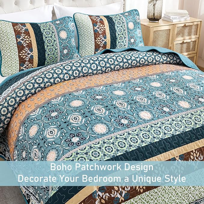 Yiran Blue Boho Quilt Set Queen Size, Summer Patchwork Bedspreads | Bohemia - Image 3