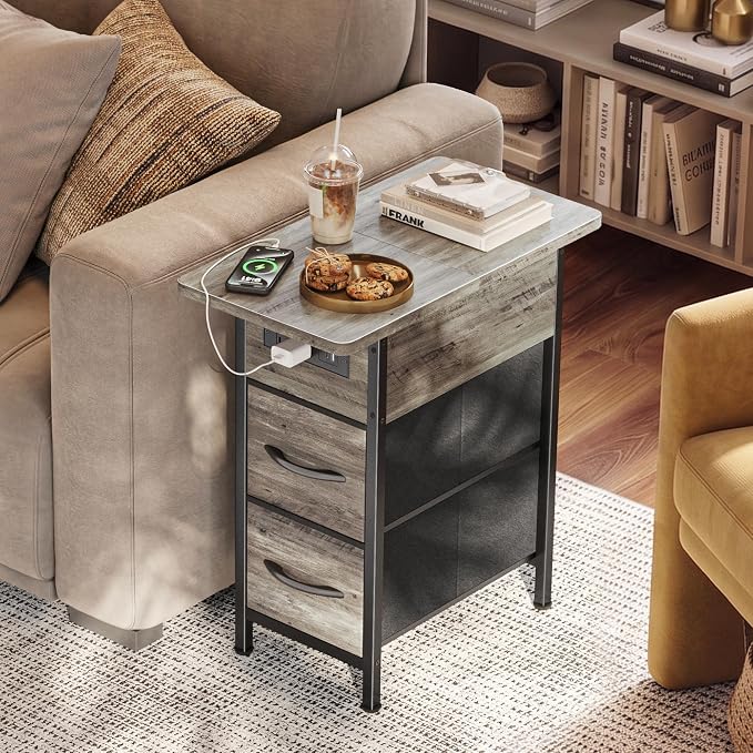 Huuger Narrow End Table with Charging Station, Side Table with 2 Drawers | Slim - Image 2
