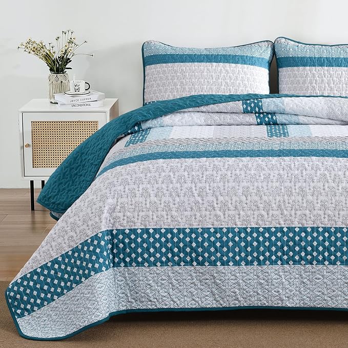 WONGS BEDDING Teal Blue King Size 3-Piece Quilt Set, Boho Stripe Bedspread | - Image 3