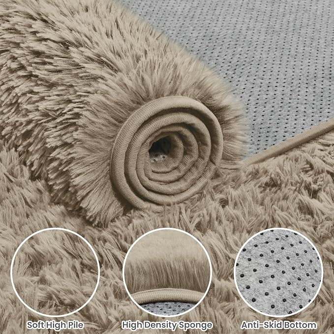 8x10 Fluffy Shag Area Rugs for Living Room Bedroom: Soft Carpet Gray Camel | - Image 6