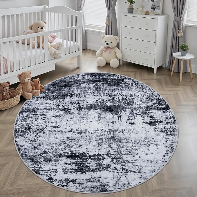Round Area Rug Living Room: 4 ft Modern Washable Carpet Black | - Image 3